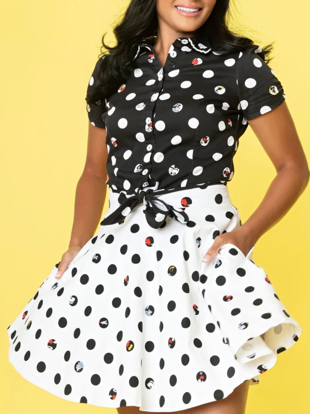 Loungefly Disney Mickey Minnie Peek A Boo Black & White Polka Dot Circle Skirt